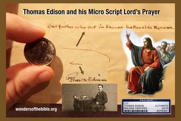 Image of Thomas Edisons micro script of the Lords Prayer. Click or tap on image to see it enlarged for detail.