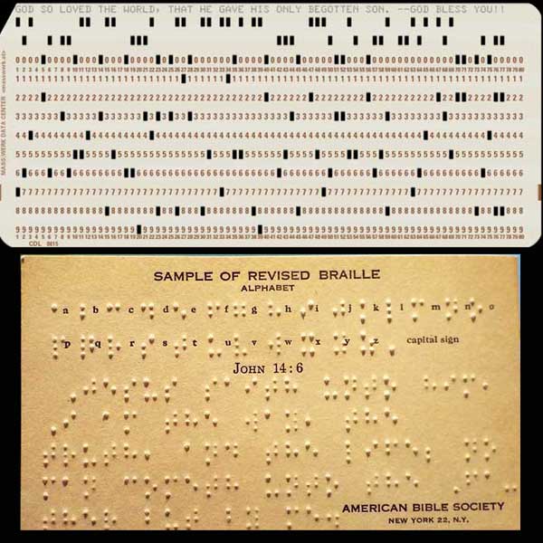 Punch card and braille bible verses.