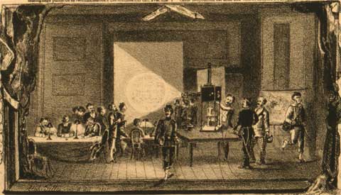 Illustration of René Dagron giving a demonstration of microphotography in 1870. Public Domain; Library of Congress.