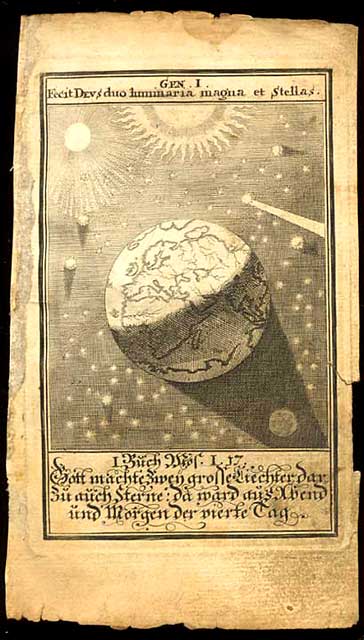 A Bible woodcut illustration from the year 1560 showing the planet earth from space.