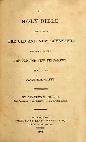 Title page of the Thomson Bible, printed by philadelphia printer and bookbinder, Jane Aitken.