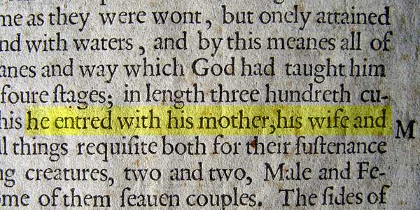 Close-up of 1620 Josephus english translated text which states that Noah brought his mother onto the Ark.