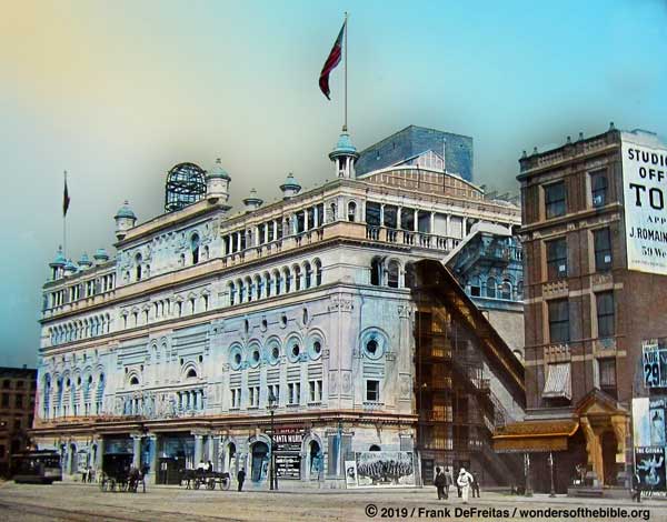 The world-famous Hammerstein’s 2,800-seat Olympia Theatre and Music Hall on Broadway at 44th Street is shown in this hand-tinted, glass plate transparency from 1895.