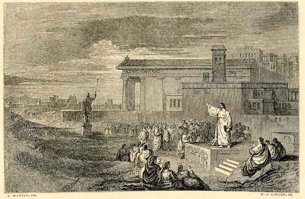 Paul preaching at Athens with the altar of the unknown god in the distance.