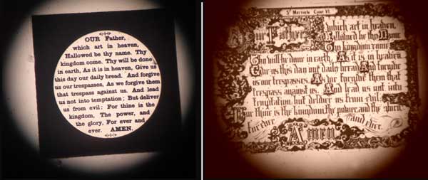Two examples of nineteenth century microscopic lords prayers as seen through microscopes.