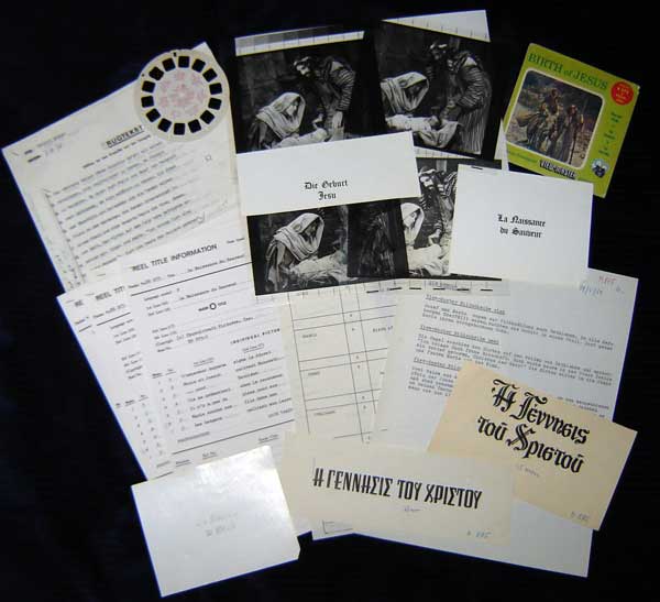 An original View-Master production package for The Birth of Jesus containing original photography, scripts in multiple languages, studio artwork, typography in multiple languages, CMYK color-separations, production schedules, and more.