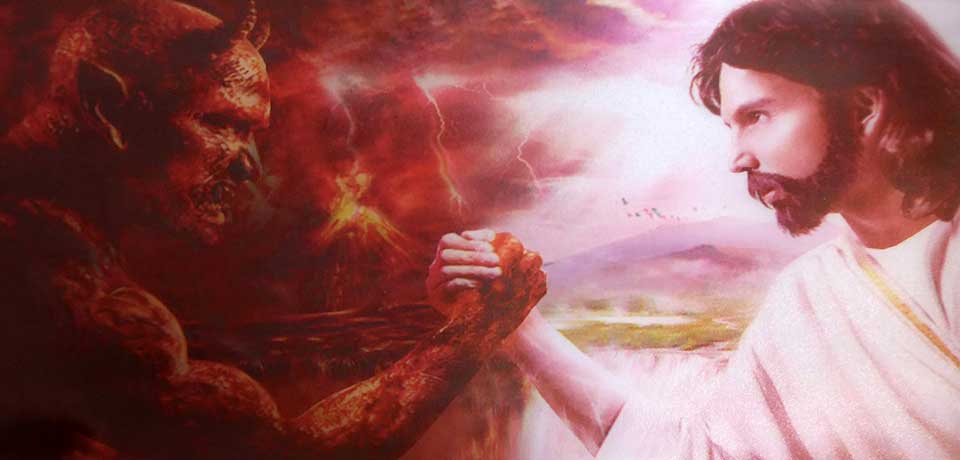 Jesus and satan go head to head in an arm wrestling match up in this modern, computer-generated 3D lenticular.