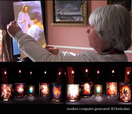 Debi DeFreitas examines several Christian based 3D lenticulars for display in the exhibit.
