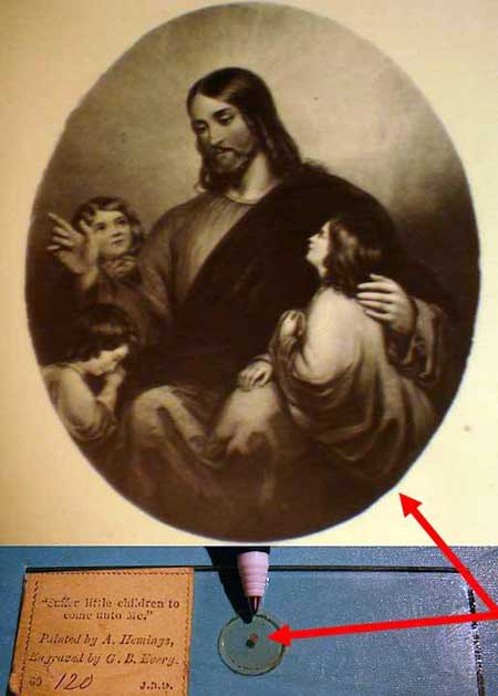 Jesus with children in a painting titled Suffer little children come unto me. The painting is by A. Hemings, and the engraving is by G. B. Every. The microphotograph was created by John Benjamin Dancer (England), using a single candle as a light source in the 1800s.